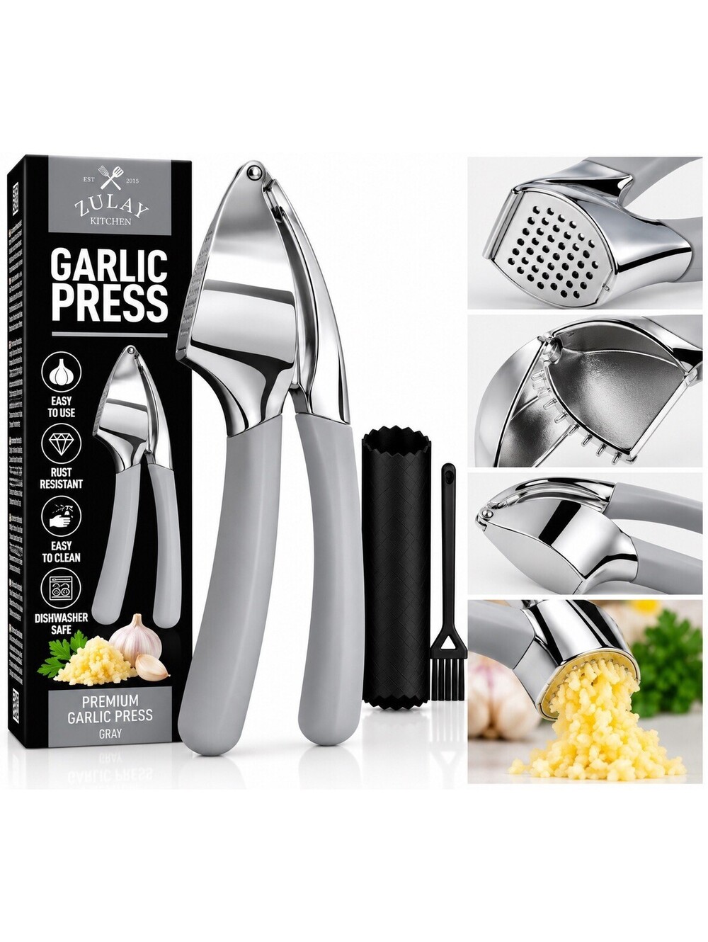 🧄 Zulay Kitchen Premium Garlic Press – Chrome & Gray – Heavy Duty